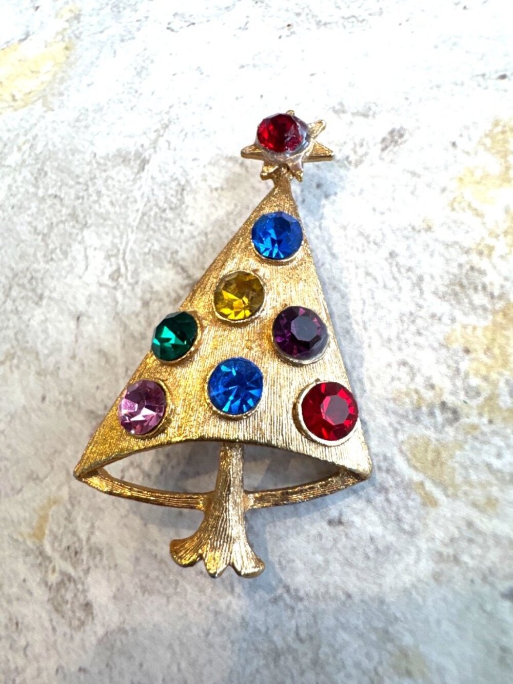 Retro Gold and Gemstone Christmas Tree Brooch Pin Mod Assymmetrical